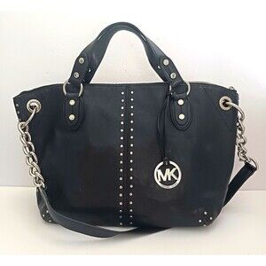 VTG Y2K Michael Kors Astor Satchel Shoulder Strap Blk Leather Silver Studs Chain